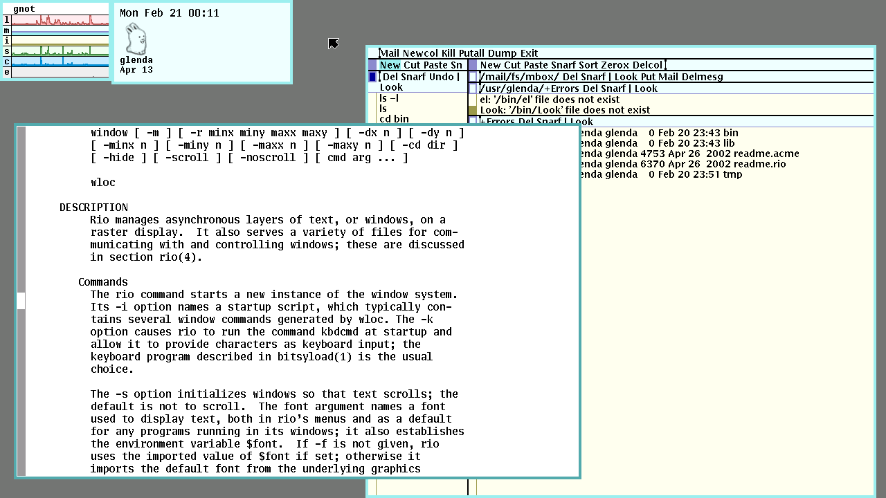 a screenshot of rio running on Plan 9. Got this from Wikipedia, go read their article